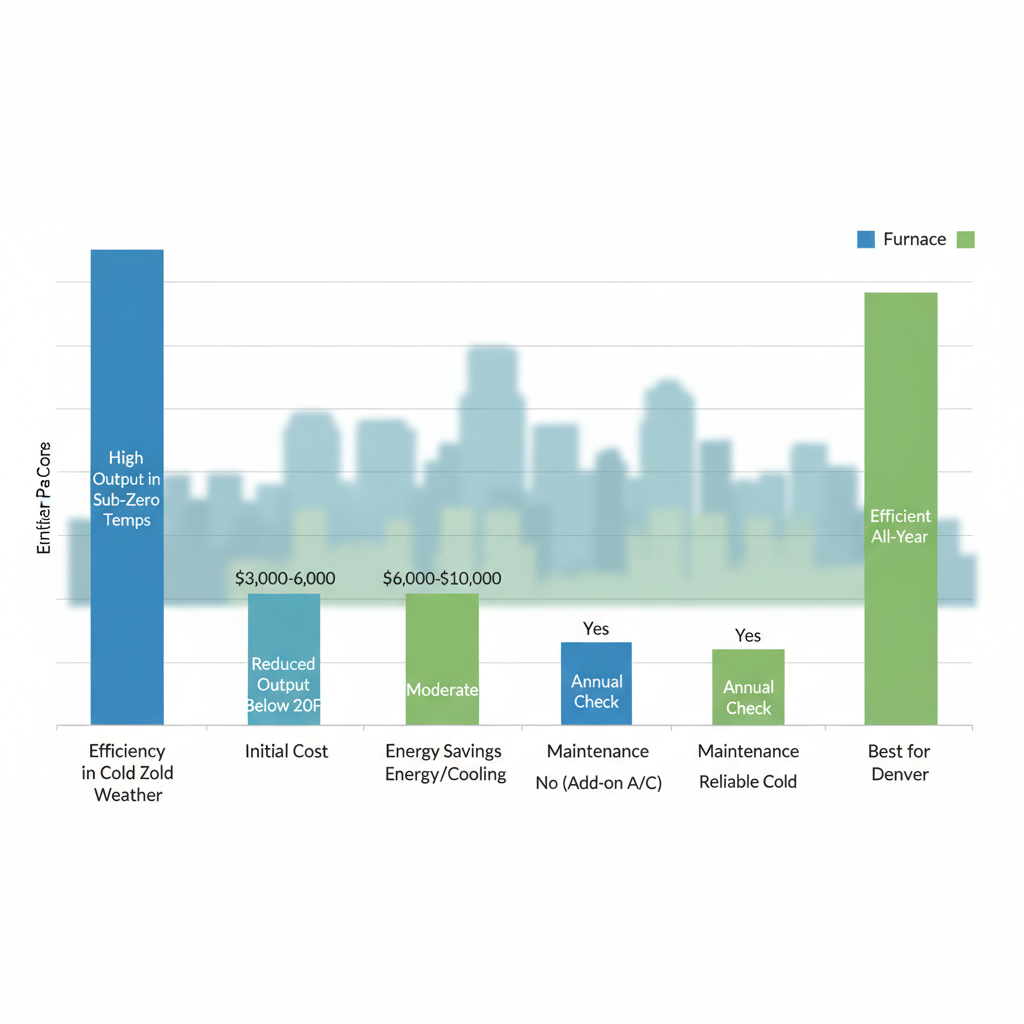 Bar chart comparing furnaces and heat pumps features for Denver homes, blue bars for furnaces, green for heat pumps, showing efficiency, costs, and ratings.