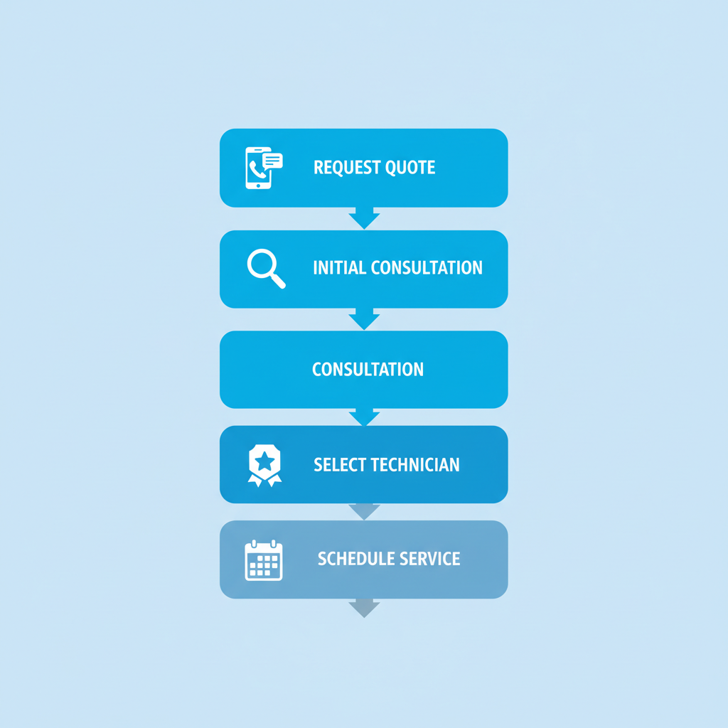 Vertical process flow diagram illustrating four steps to initiate HVAC services: request quote, initial consultation, select technician, and schedule installation or repair.