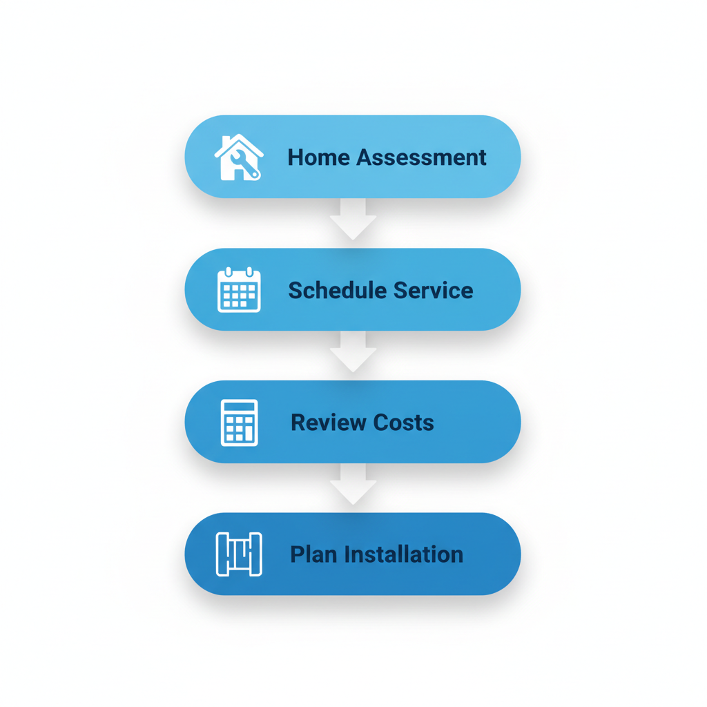Vertical process flow diagram showing four steps to begin HVAC care in Lakewood: home assessment, scheduling service, reviewing costs, and planning installation.