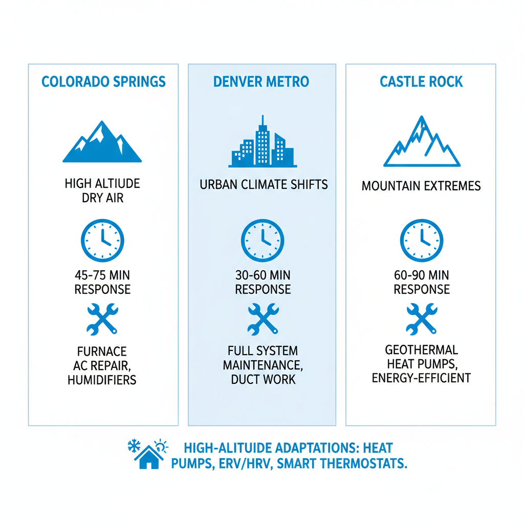 Infographic comparing HVAC services in Colorado Springs, Denver Metro, and Castle Rock with icons for climate, response times, and focus areas.