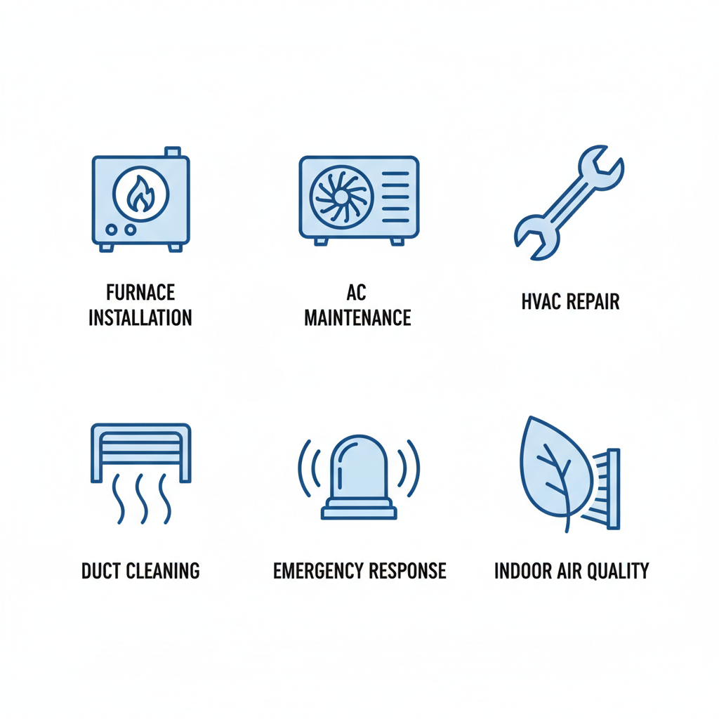 Grid of icons depicting furnace installation, AC maintenance, HVAC repair, duct cleaning, emergency response, and indoor air quality services.