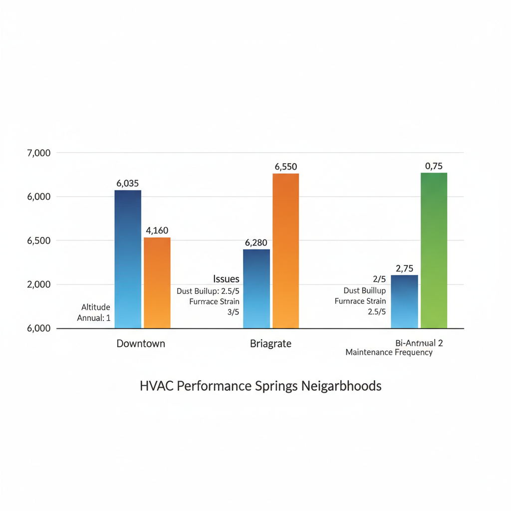 Horizontal bar chart comparing HVAC performance by neighborhood in Colorado Springs, showing altitude, issues, and maintenance.