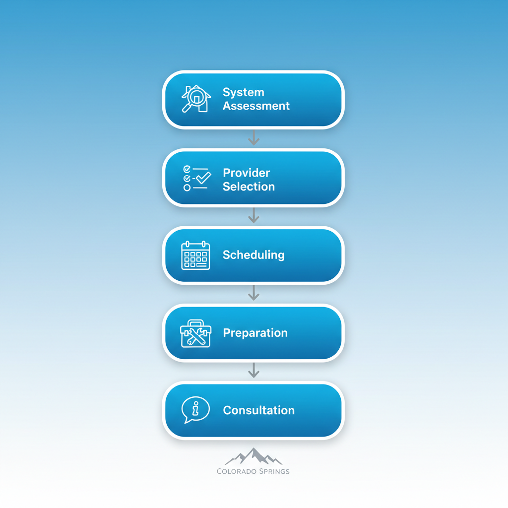 Vertical process flow diagram illustrating five key steps for starting an HVAC project in Colorado Springs