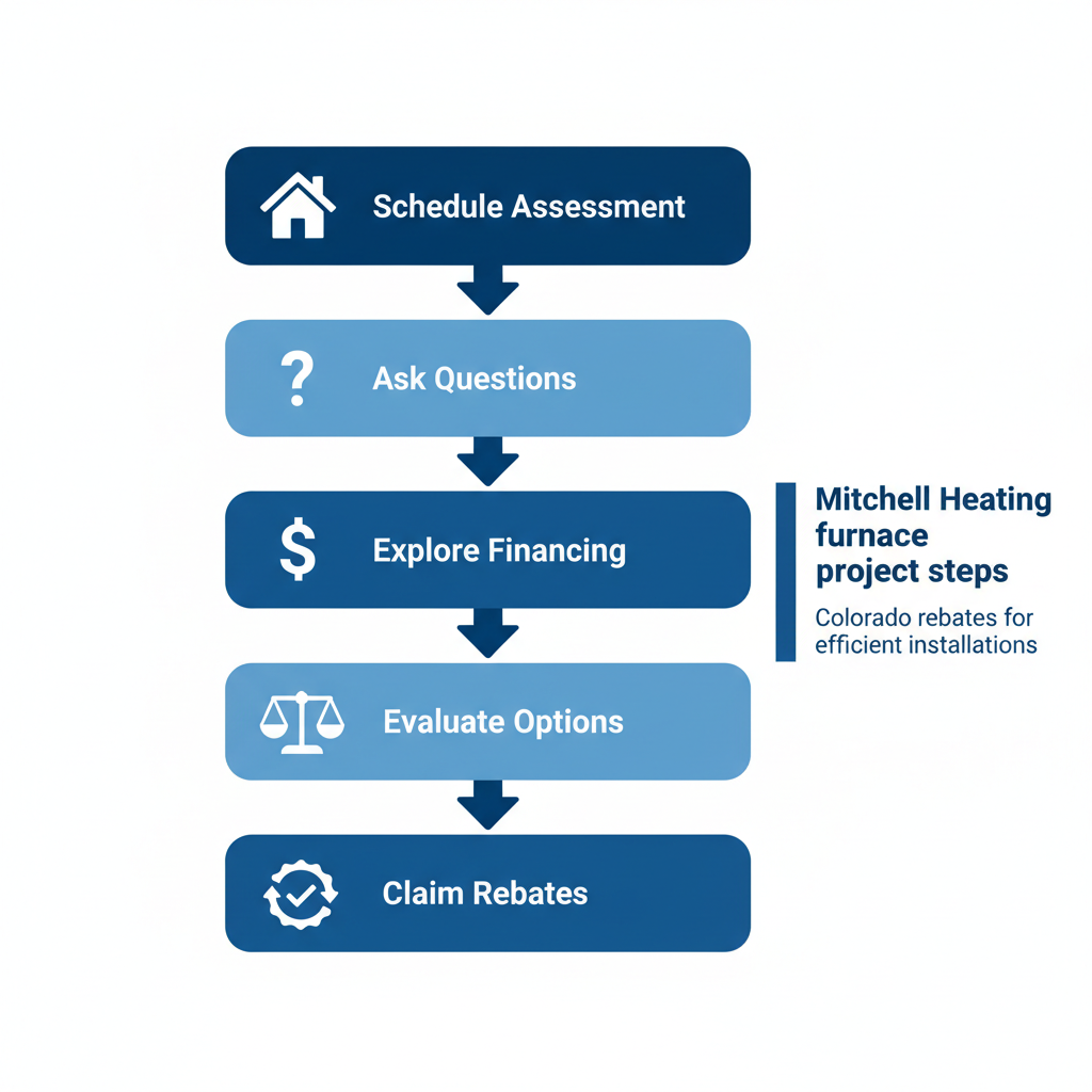 Vertical process flow diagram illustrating five steps to start a furnace project: scheduling assessment, asking questions, exploring financing, evaluating options, and claiming rebates.