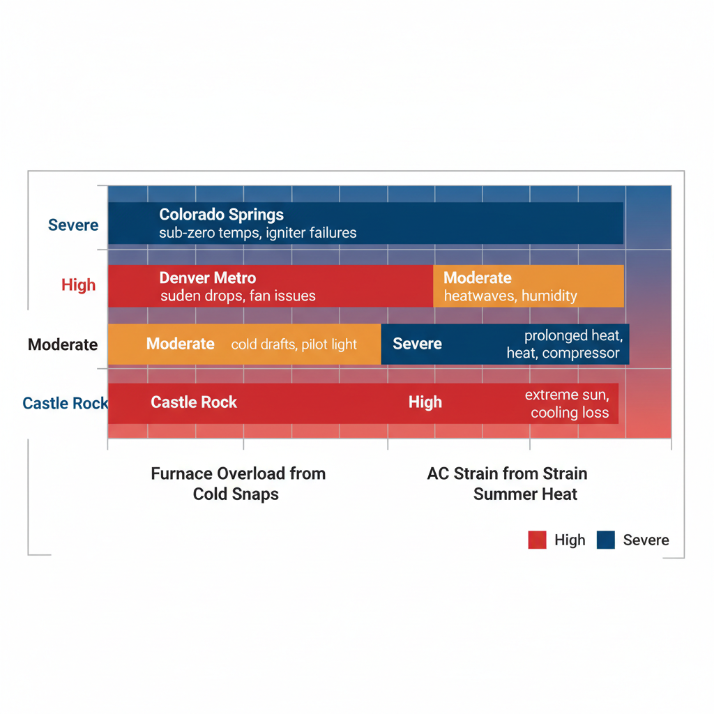 Horizontal bar chart comparing severity of HVAC issues like furnace overload and AC strain across Colorado Springs, Denver Metro, and Castle Rock.