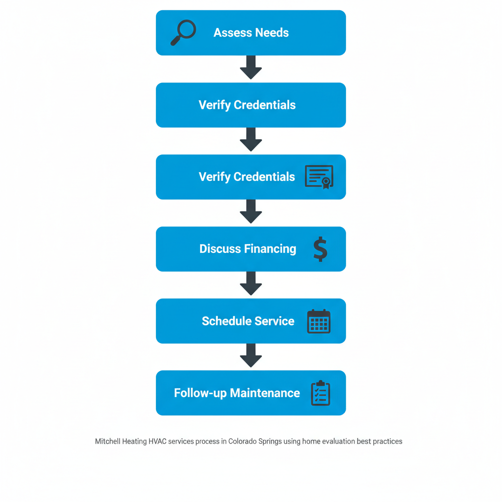 Vertical process flow diagram illustrating five steps for starting HVAC services in Colorado Springs: assess needs with magnifying glass, verify credentials with certificate, discuss financing with dollar sign, schedule service with calendar, and follow-up maintenance with checklist.