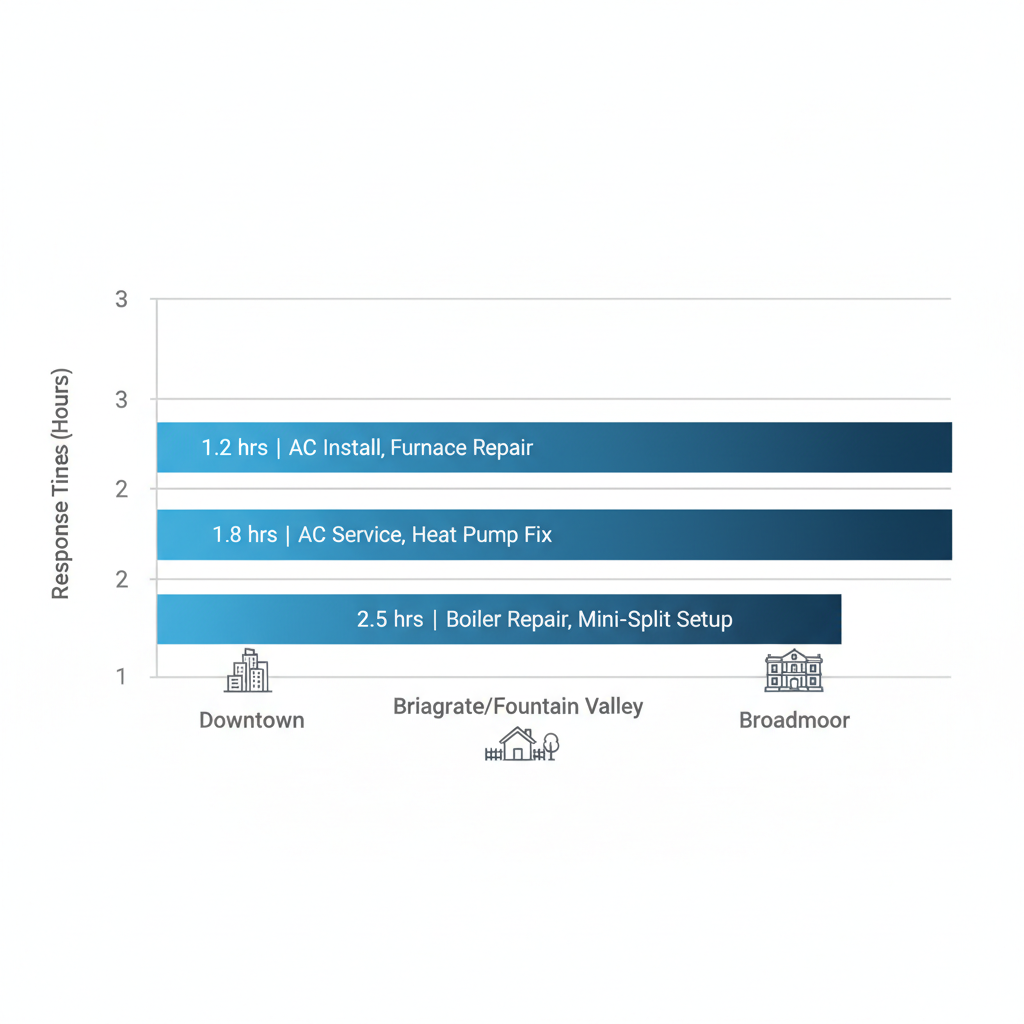 Horizontal bar chart comparing HVAC response times in Colorado Springs neighborhoods Downtown, Briargate/Fountain Valley, and Broadmoor with blue gradient bars and icons.