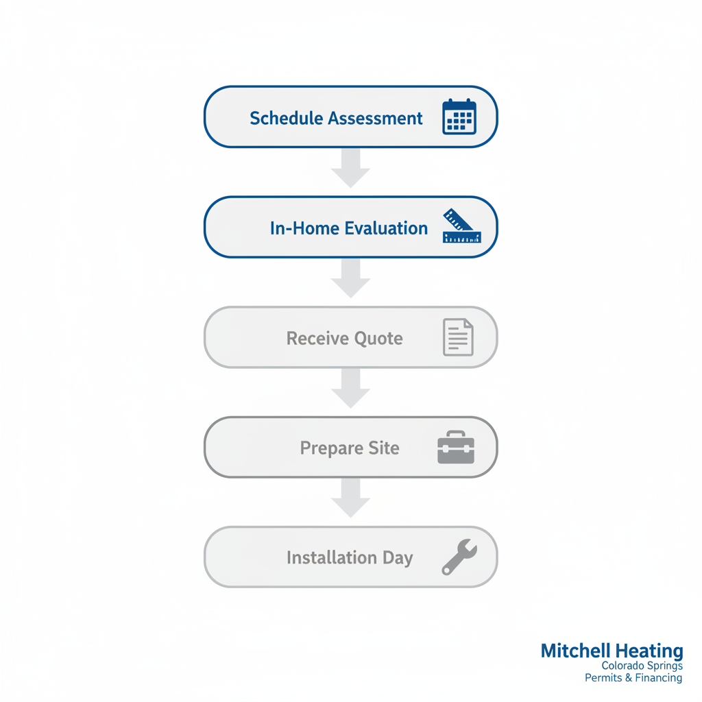 Vertical process flow diagram showing five steps for AC installation