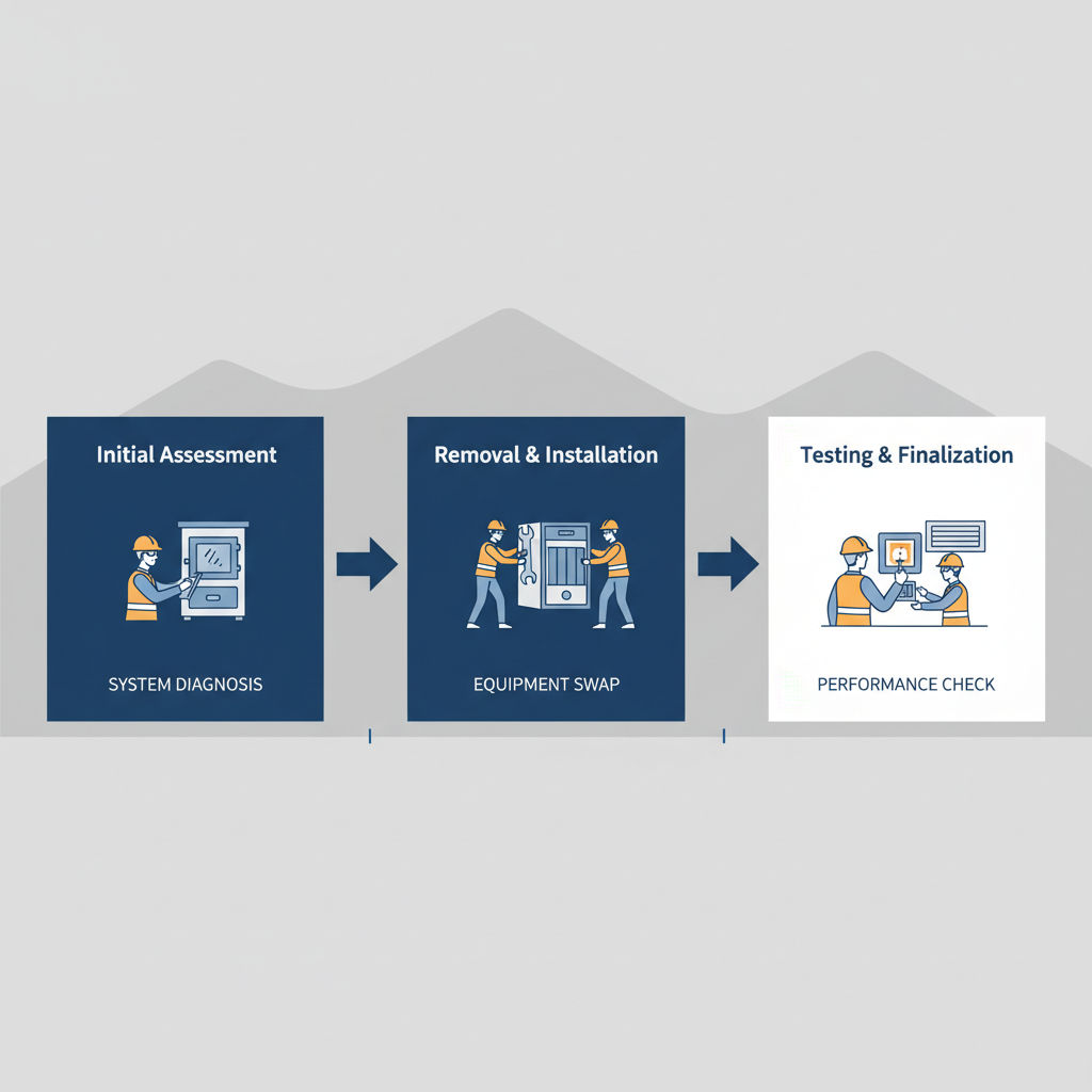 Horizontal process flow diagram illustrating the three stages of furnace replacement: assessment, removal and installation, testing and finalization.