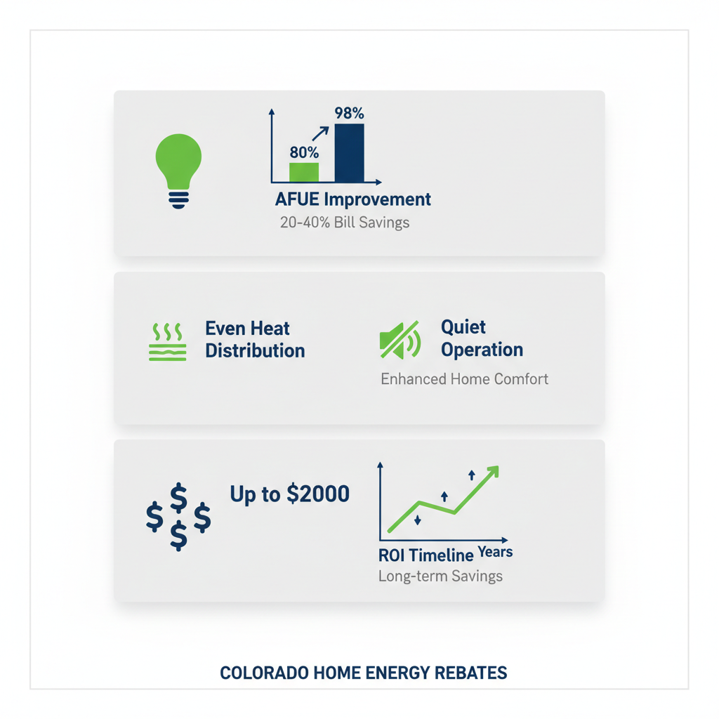 Infographic illustrating energy efficiency, comfort improvements, and long-term savings from furnace replacement in Colorado.