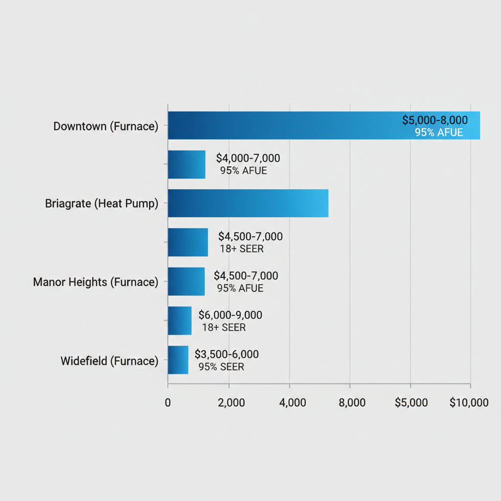 Horizontal bar chart comparing heating system cost ranges and efficiency ratings across Colorado Springs neighborhoods