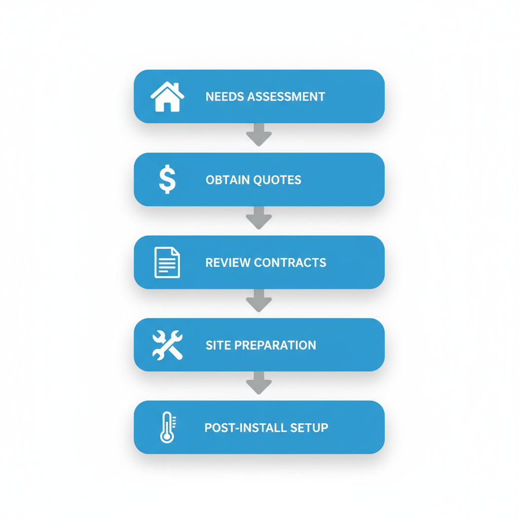 Vertical process flow diagram illustrating five key steps for heating installation including needs assessment, quotes, contracts, preparation, and setup with icons and arrows
