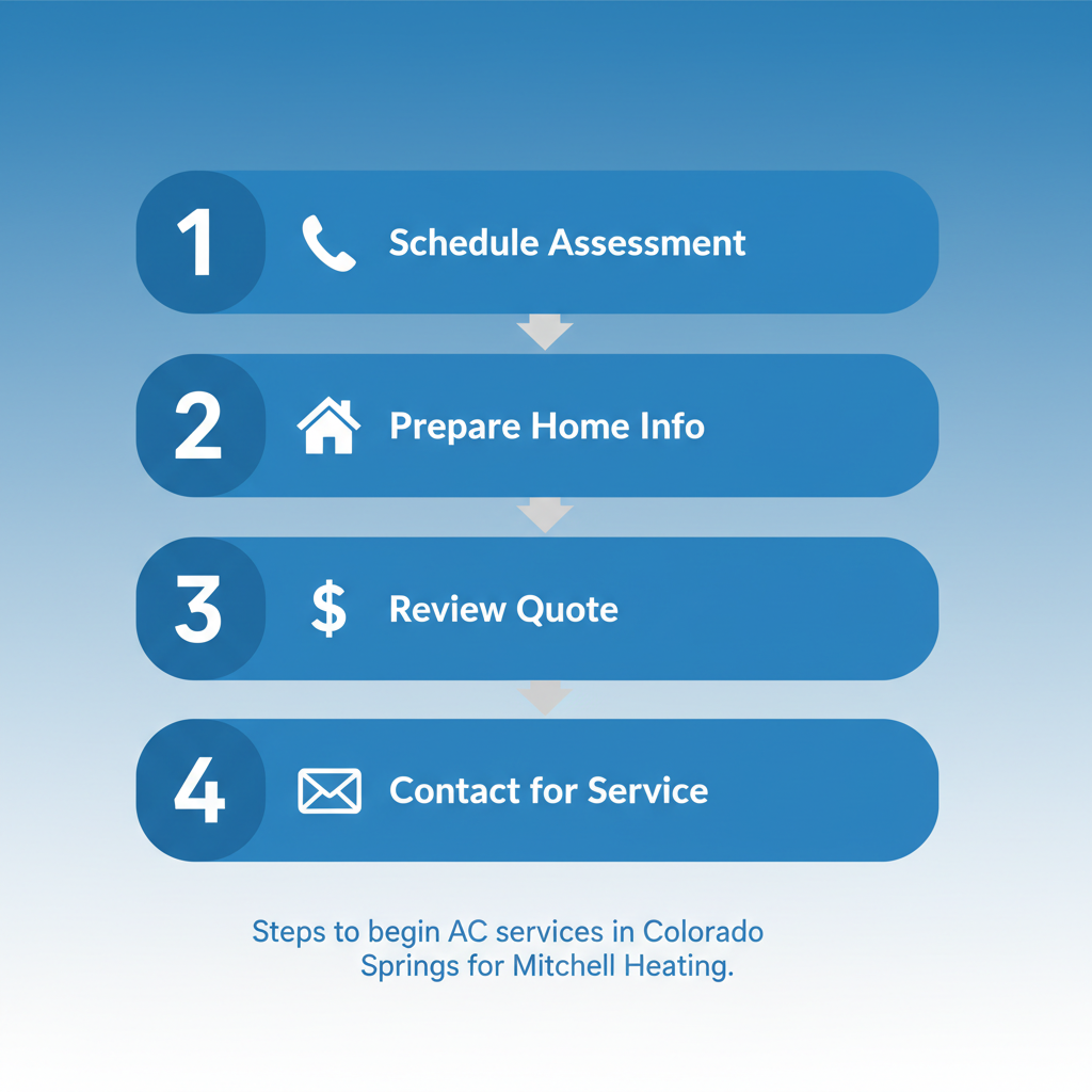 Vertical process flow diagram illustrating four steps to start AC services: Schedule Assessment with phone icon, Prepare Home Info with house icon, Review Quote with dollar icon, Contact for Service with email icon.