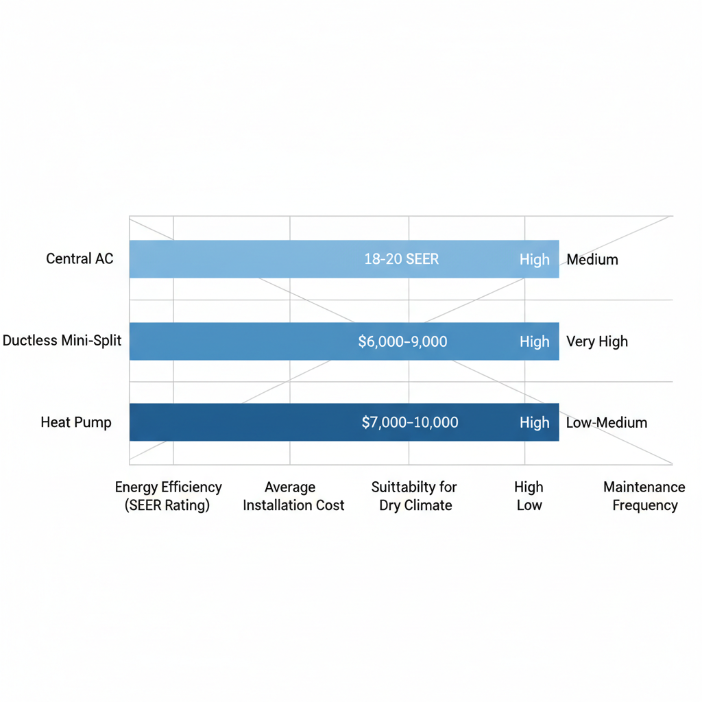 Horizontal bar chart comparing Central AC, Ductless Mini-Split, and Heat Pump systems by energy efficiency, installation cost, dry climate suitability, and maintenance frequency for Colorado Springs.