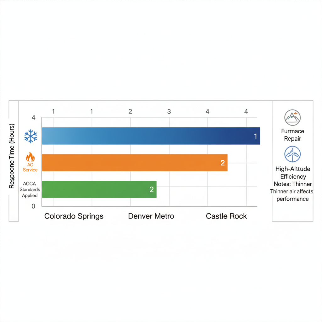 Horizontal bar chart comparing HVAC response times in Colorado Springs, Denver Metro, and Castle Rock with service icons