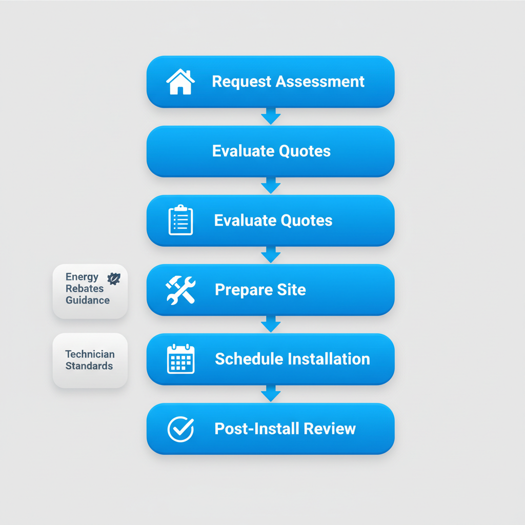 Vertical process flow diagram showing five steps for HVAC installation: request assessment, evaluate quotes, prepare site, schedule installation, post-install review with icons.