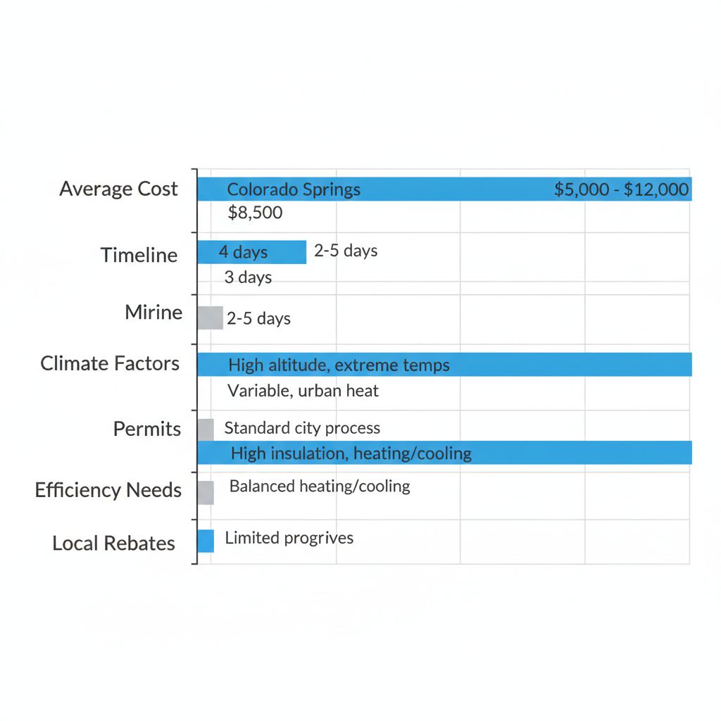 Horizontal bar chart comparing HVAC installation aspects like costs, timelines, and efficiency needs between Colorado Springs and Denver Metro.