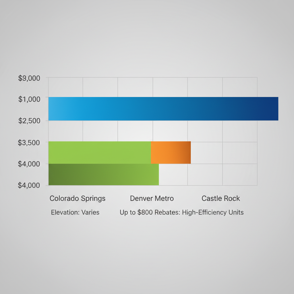 Horizontal bar chart showing AC installation cost ranges in Colorado Springs, Denver Metro, and Castle Rock with rebate information.
