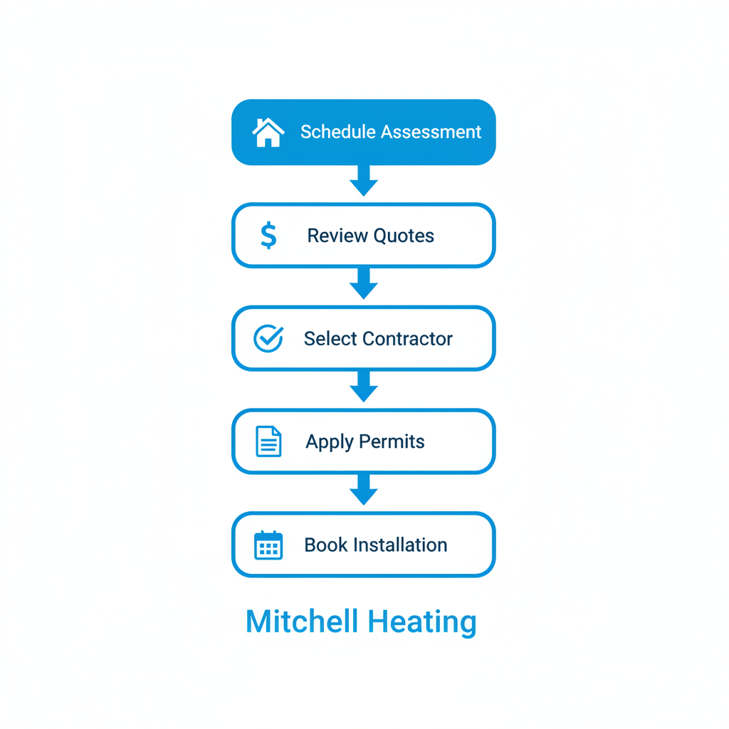 Vertical process flow diagram illustrating five steps to begin AC installation: schedule assessment, review quotes, select contractor, apply for permits and rebates, book installation with financing.