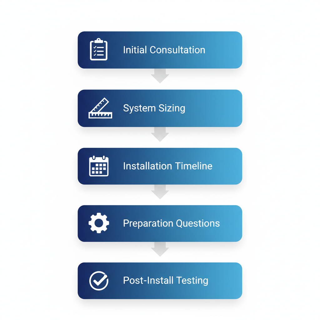 Vertical process flow diagram illustrating five key steps for heat pump installation in Colorado Springs, including consultation, sizing, timeline, preparation, and post-install testing.