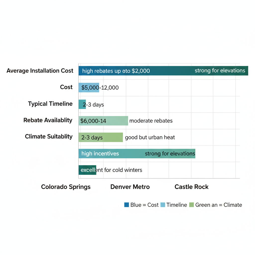 Horizontal bar chart comparing heat pump installation costs, timelines, rebates, and suitability in Colorado Springs, Denver Metro, and Castle Rock areas.