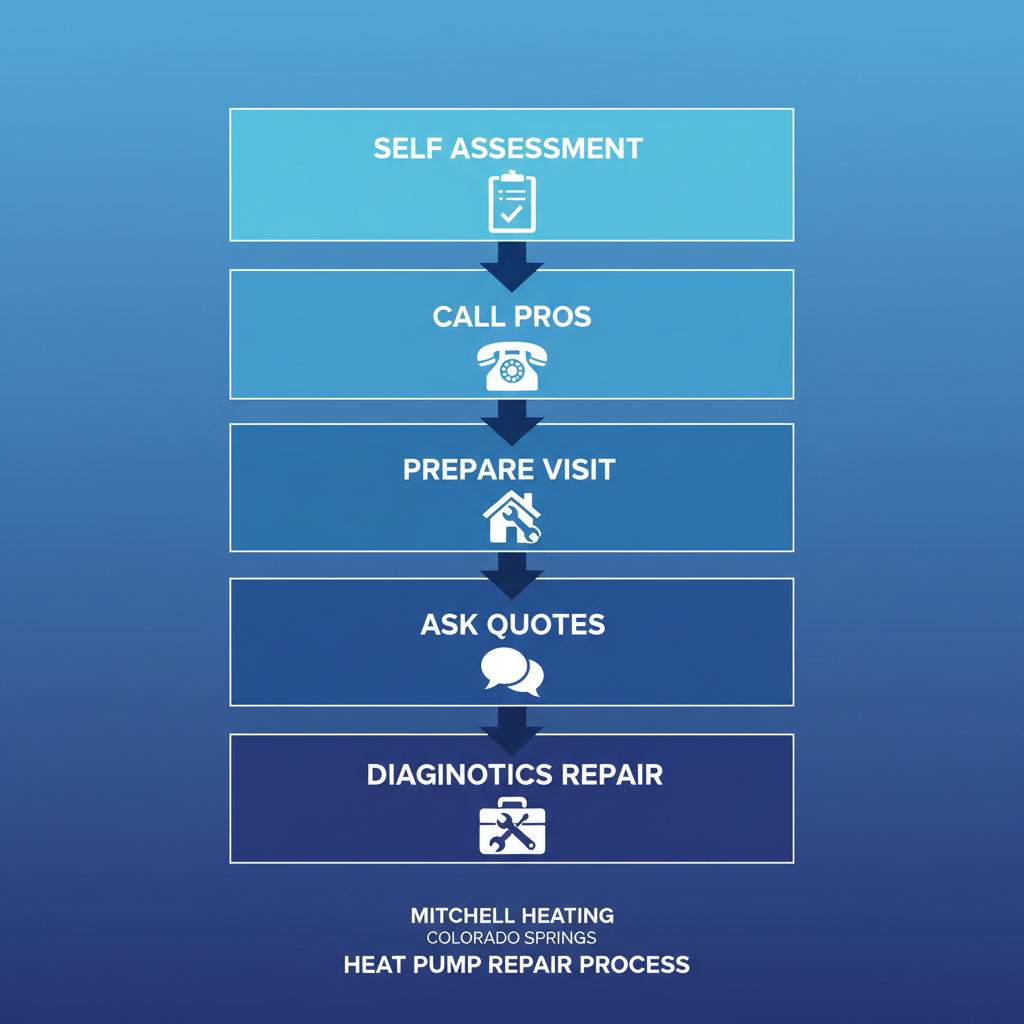 Vertical process flow diagram illustrating five key steps for heat pump repair, including self-assessment, calling professionals, preparation, asking questions, and diagnostics.