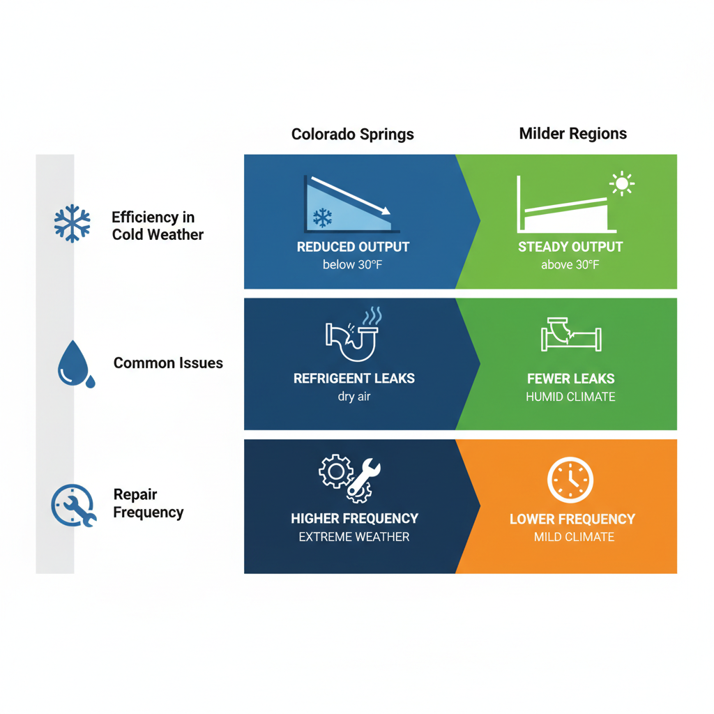 Infographic comparing heat pump efficiency and issues in Colorado Springs to milder regions