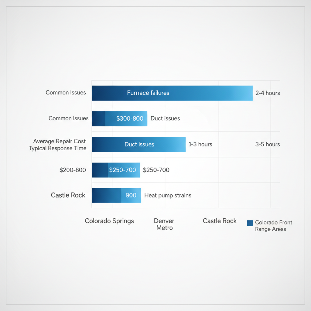 Bar chart comparing heating repair issues, costs, and response times in Colorado Springs, Denver Metro, and Castle Rock areas.