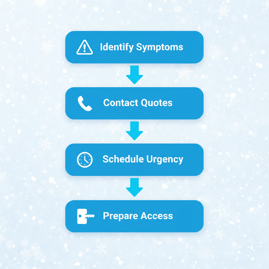 Vertical process flow diagram showing four steps to arrange heating repair: identify symptoms with warning icon, contact for quotes with phone icon, schedule with clock icon, prepare access with key icon, connected by blue arrows on subtle winter background.