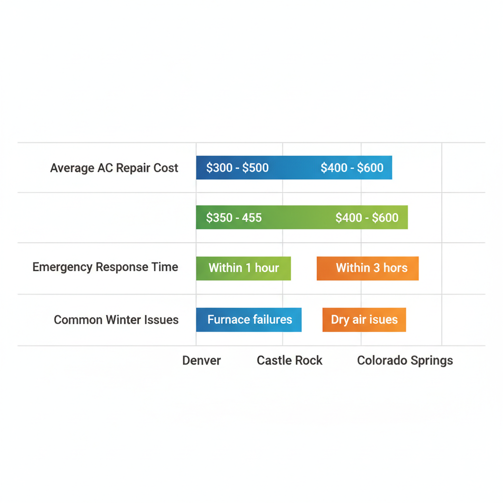 Horizontal bar chart comparing HVAC service costs, response times, and issues in Denver, Castle Rock, and Colorado Springs