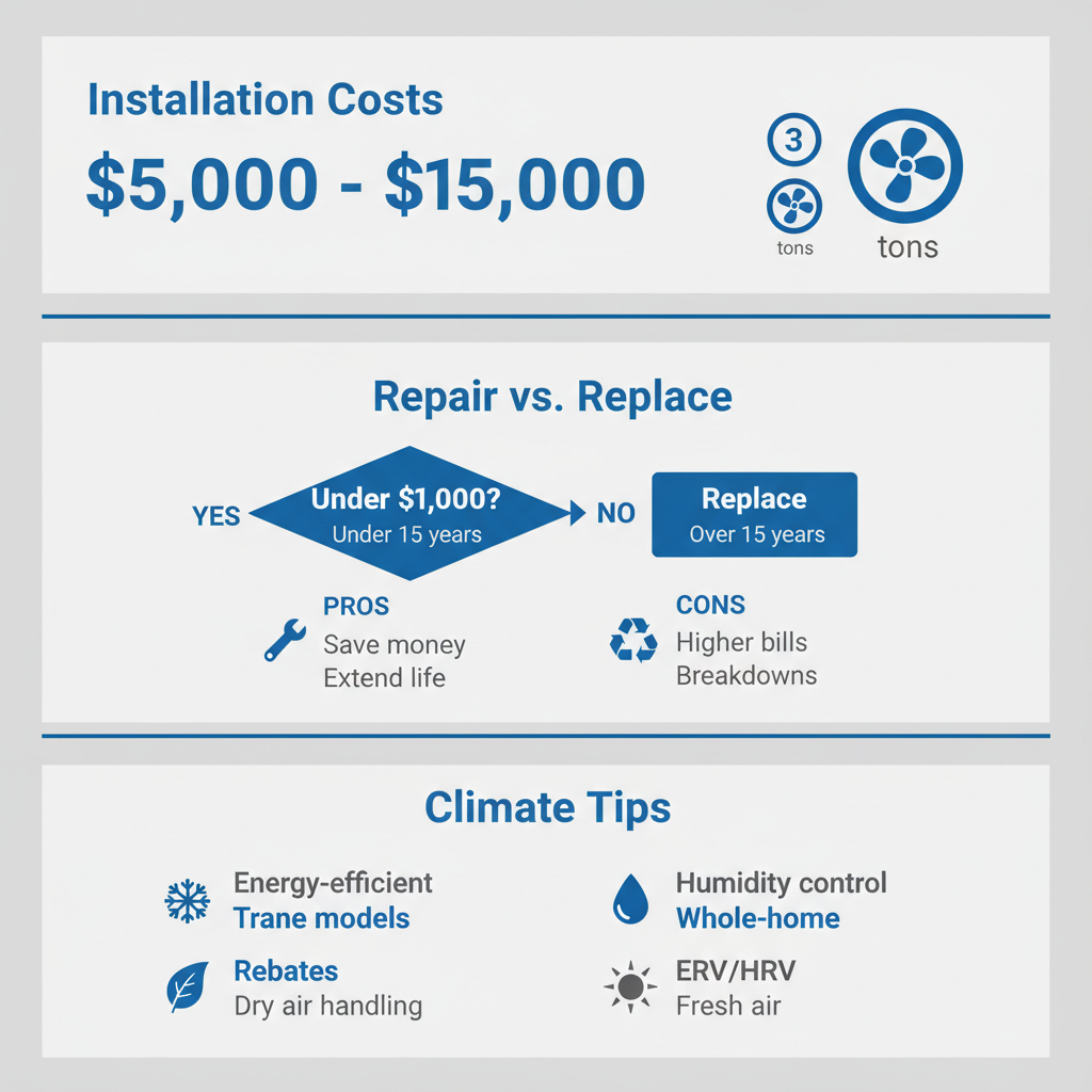 Infographic illustrating local considerations for Denver HVAC systems including costs, repair decisions, and climate tips