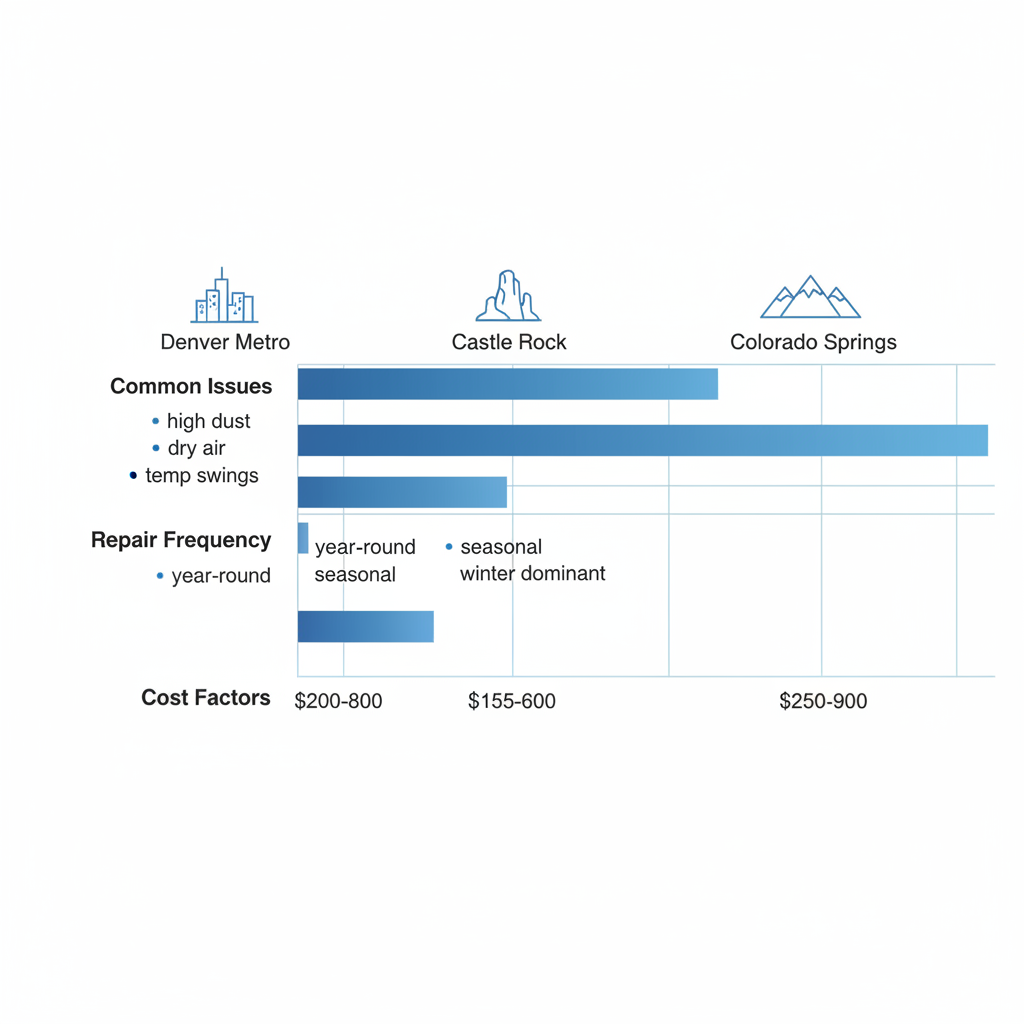 Horizontal bar chart showing HVAC repair challenges across Denver Metro, Castle Rock, and Colorado Springs areas.