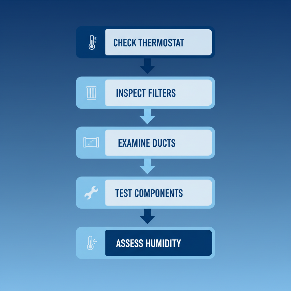 Vertical process flow diagram showing five troubleshooting steps for HVAC issues in Denver's dry climate with icons.