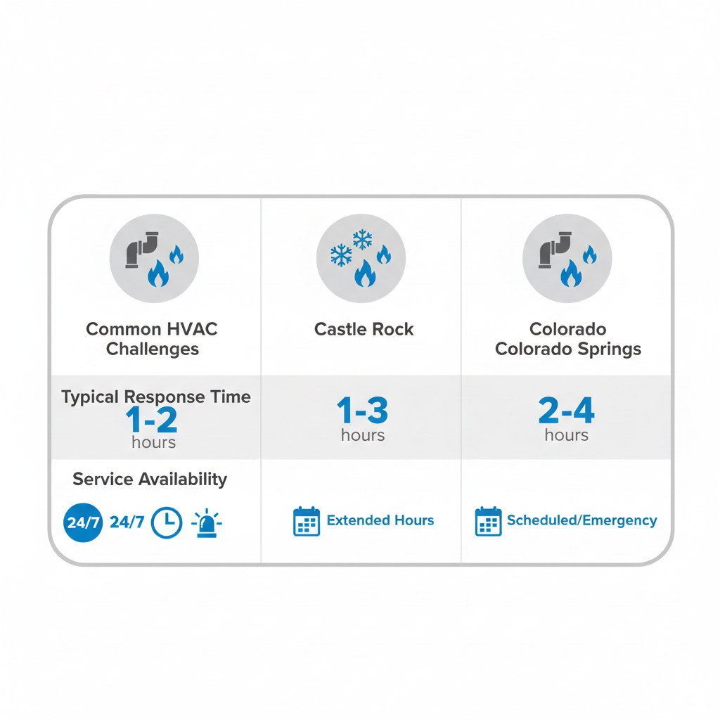 Infographic comparing HVAC service coverage across Denver Metro Core, Castle Rock, and Colorado Springs, showing challenges, response times, and availability.