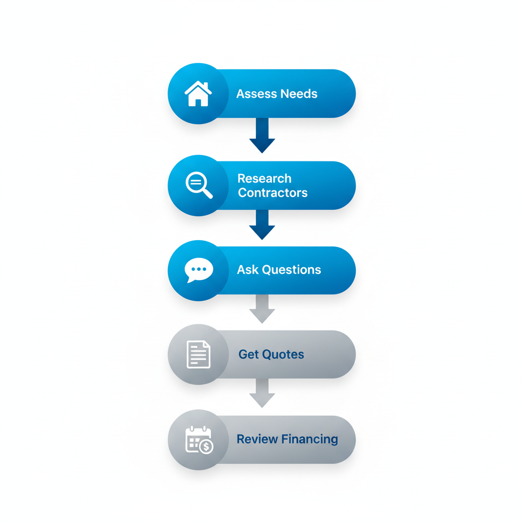 Vertical process flow diagram illustrating five steps to hire an HVAC contractor in Denver