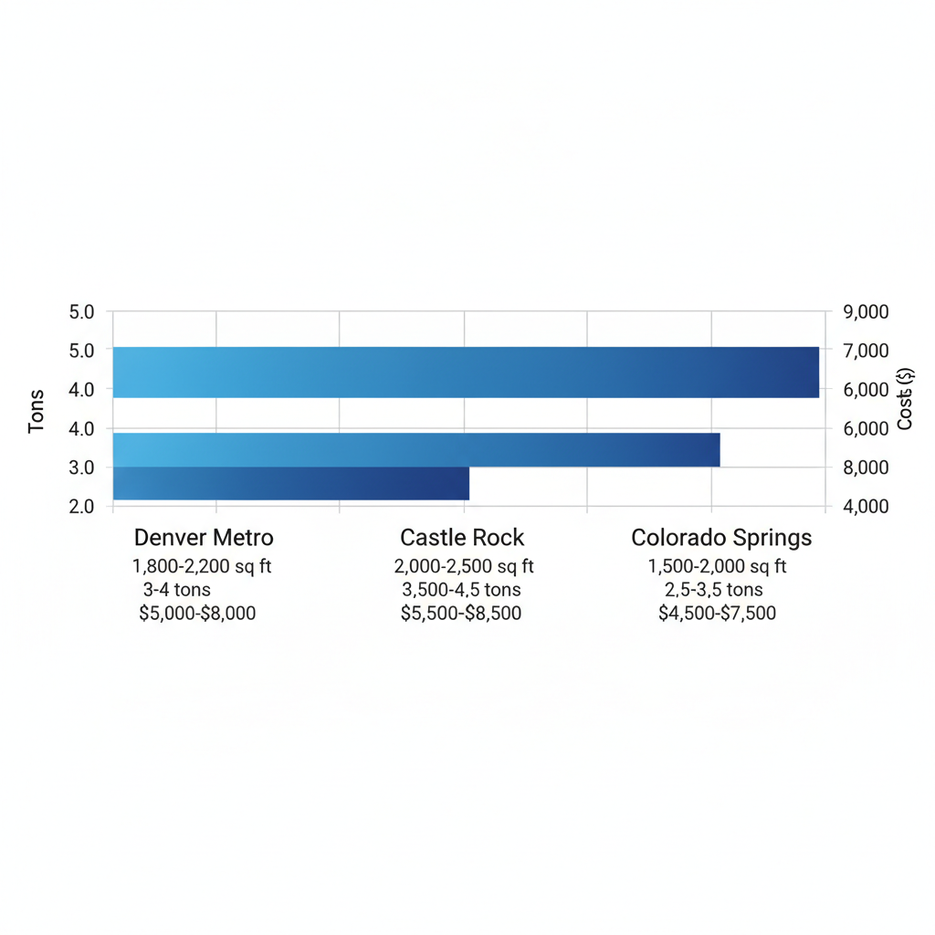 Bar chart comparing air conditioner system sizing in square feet, tonnage, and installation costs for Denver Metro, Castle Rock, and Colorado Springs neighborhoods, adjusted for elevation.