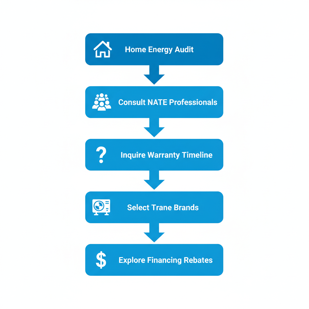 Vertical process flow diagram illustrating five steps for starting AC installation in Denver homes, including energy audit, professional consultation, warranty inquiries, brand selection, and financing options.