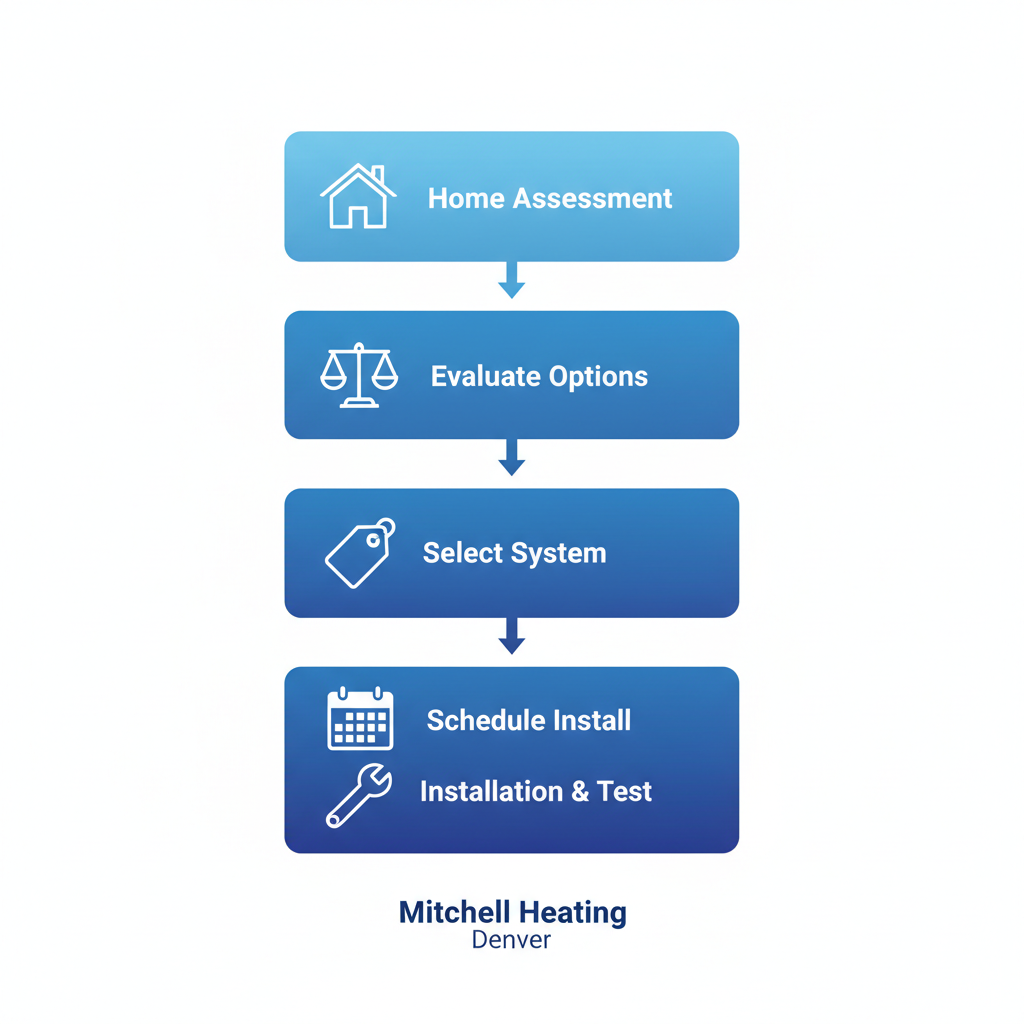 Vertical process flow diagram illustrating five steps for furnace replacement in Denver: home assessment, repair evaluation, brand selection, scheduling, and installation testing.