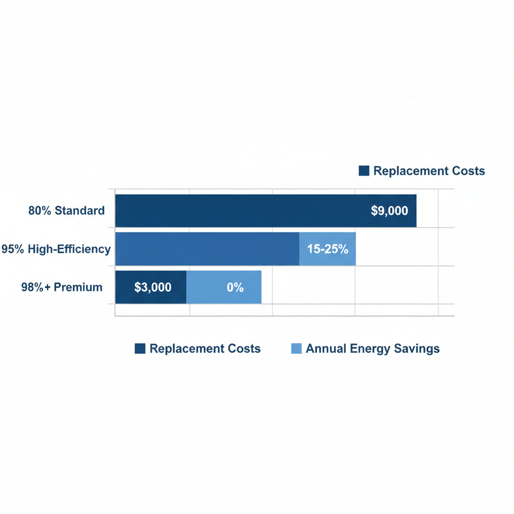 Horizontal bar chart comparing furnace efficiency levels, replacement costs, and annual energy savings for Denver homes