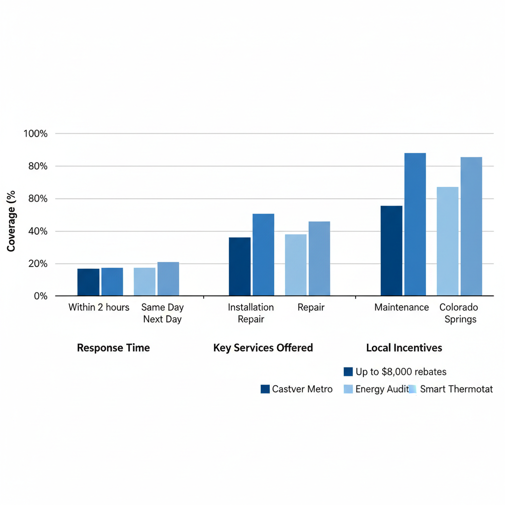 Grouped bar chart showing AC service comparisons for response time, key services, and local incentives in Denver Metro, Castle Rock, and Colorado Springs areas.