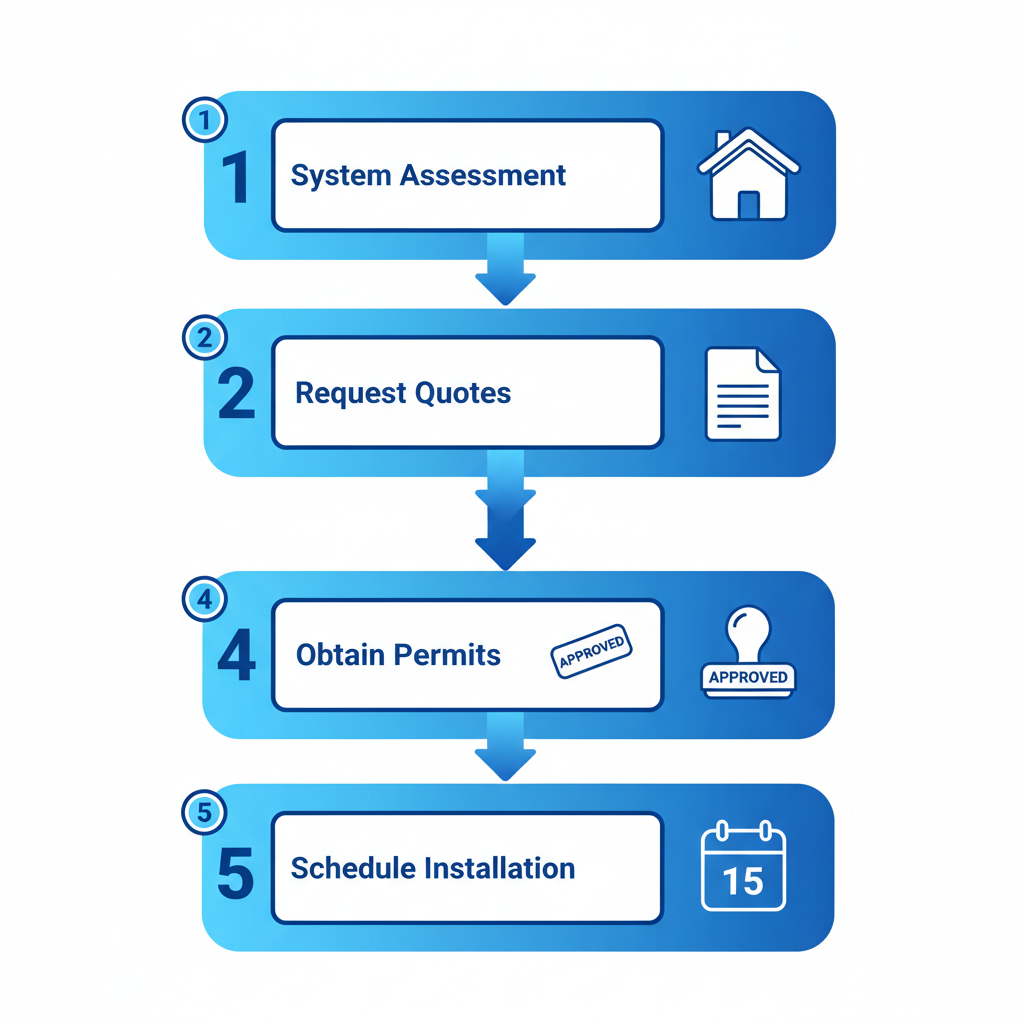 Vertical process flow diagram illustrating five steps for starting Denver AC services with icons for assessment, quotes, permits, questions, and scheduling.