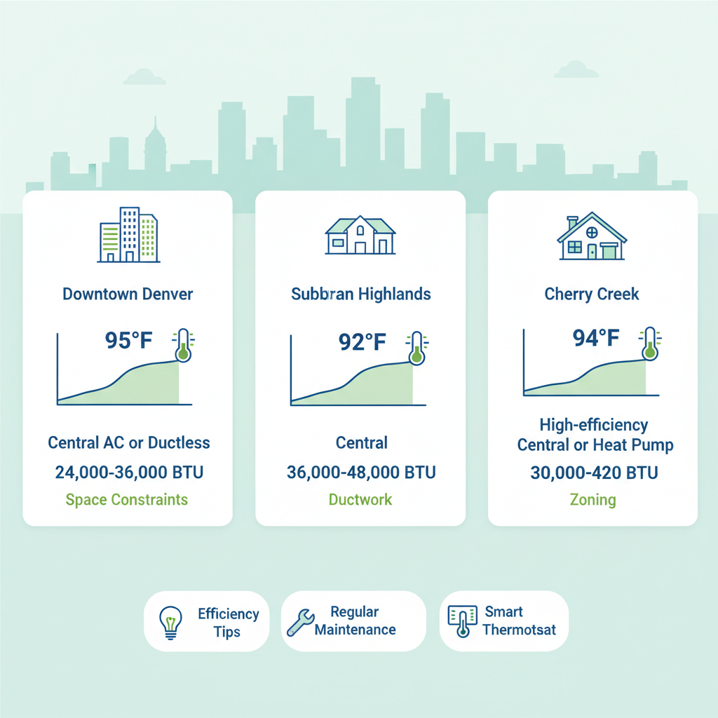 Infographic showing AC system recommendations for different Denver neighborhoods based on climate and building types