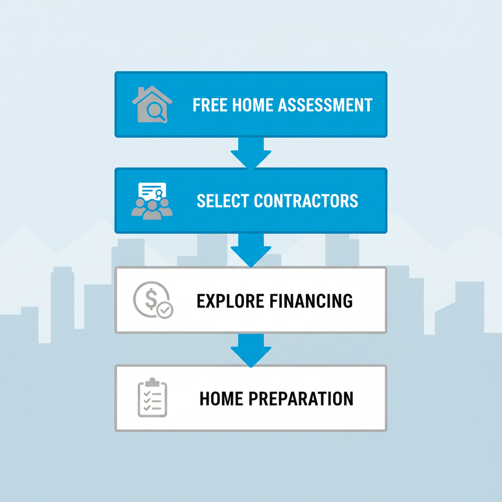 Vertical process flow diagram showing four steps for planning AC installation: home assessment, selecting contractors, financing, and preparation.