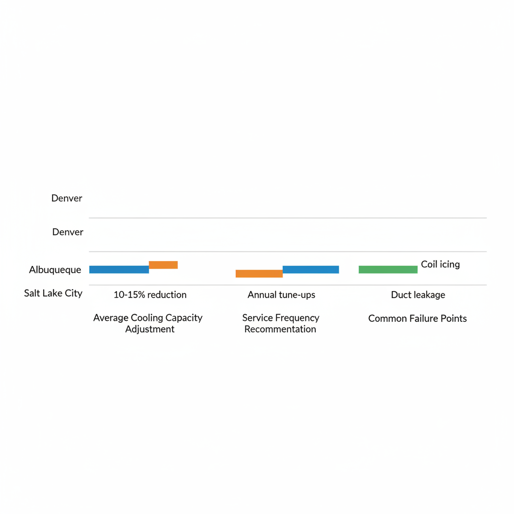 Horizontal bar chart comparing air conditioning performance metrics across Denver, Albuquerque, and Salt Lake City based on high-altitude adjustments and service guidelines.