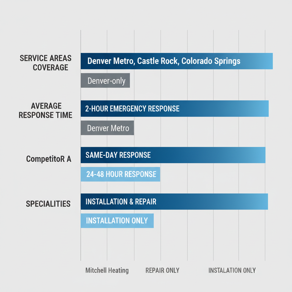 Horizontal bar chart comparing HVAC providers in Denver region by service coverage, response time, and specialties