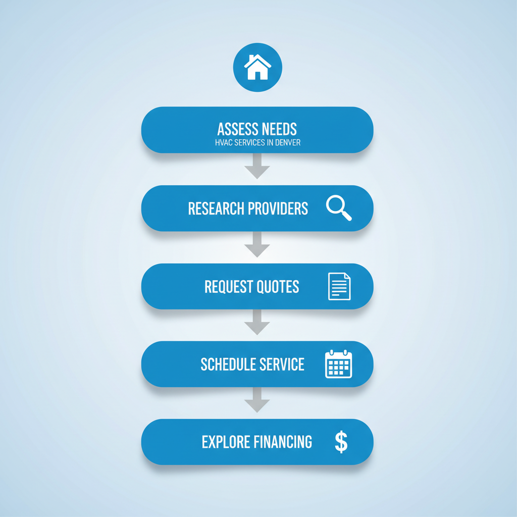 Vertical process flow diagram illustrating five steps to hire HVAC services in Denver with icons and minimal labels