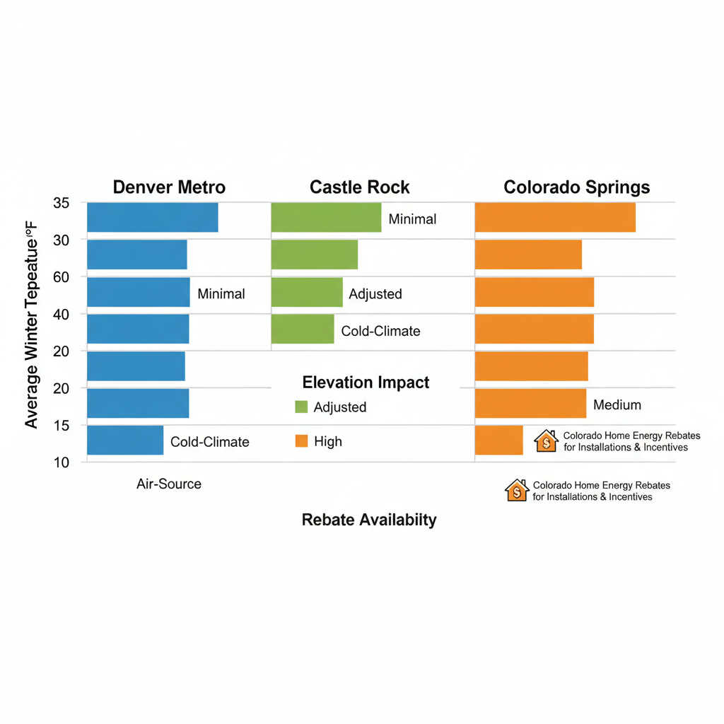 Horizontal bar chart comparing heat pump performance and rebates in Denver Metro, Castle Rock, and Colorado Springs areas
