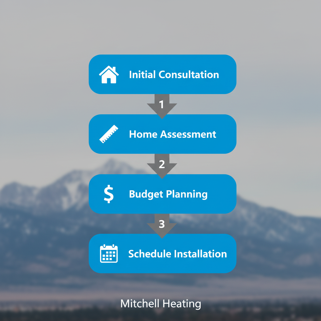 Vertical process flow diagram illustrating the four key steps for heat pump installation in Denver, including icons for consultation, assessment, budgeting, and scheduling.