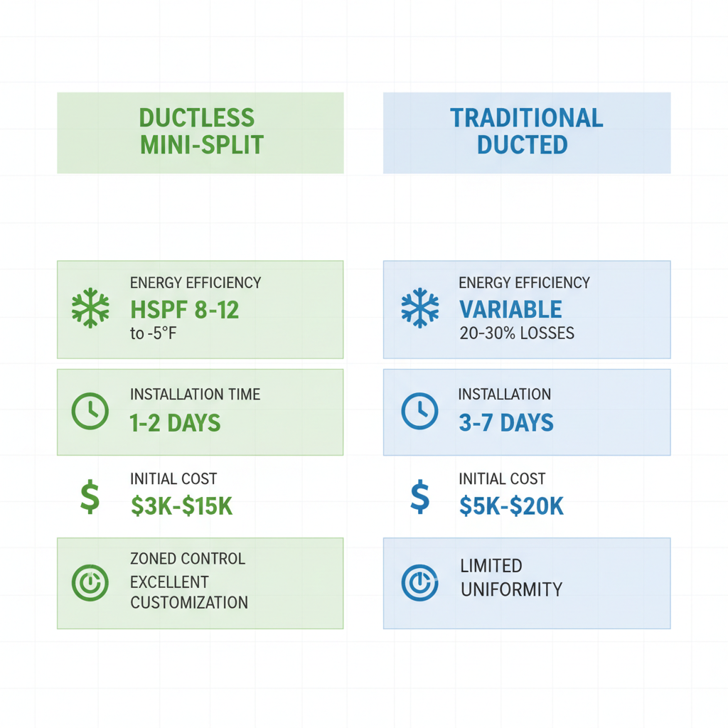 Infographic comparing ductless mini split and traditional ducted HVAC systems in Denver, focusing on efficiency, installation, cost, and zoning with icons.