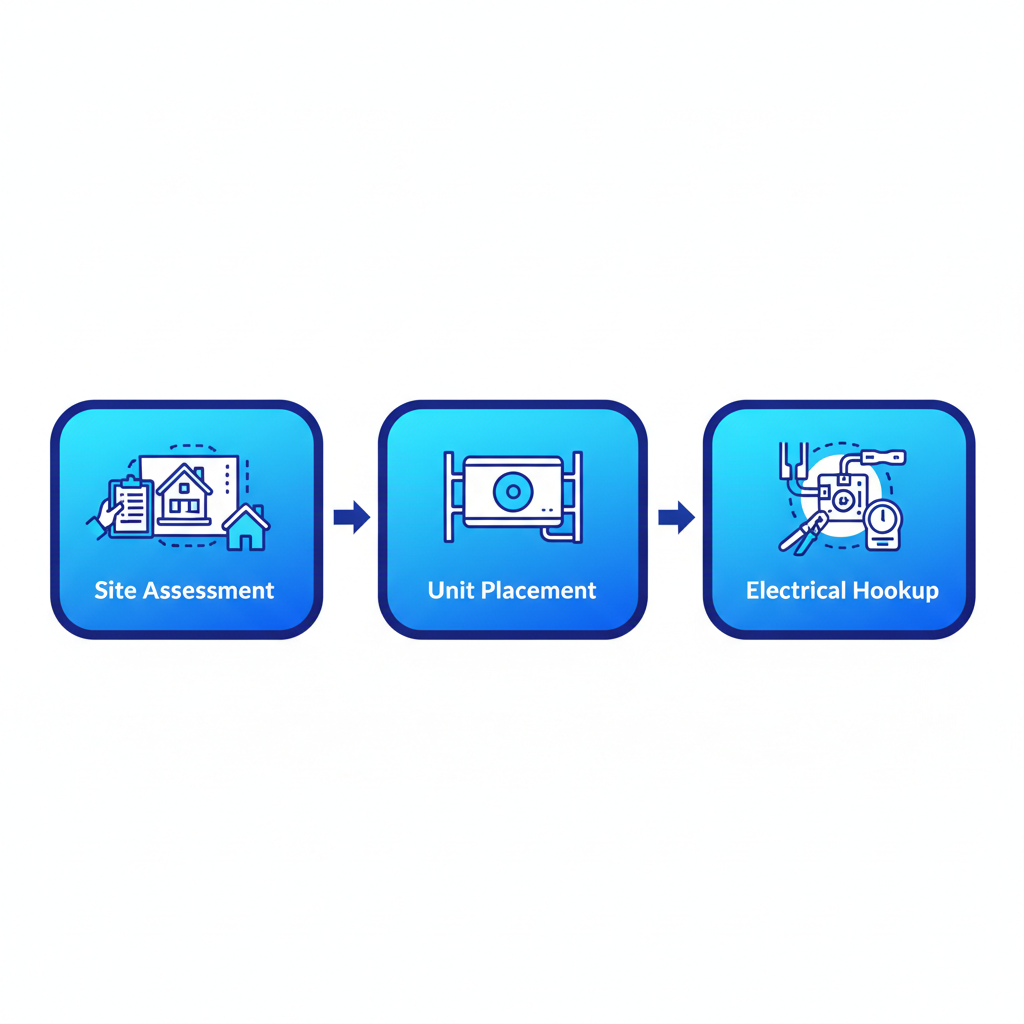 Horizontal process flow diagram illustrating three steps of ductless mini split installation: site assessment with clipboard icon, unit placement with wall unit icon, and electrical hookup with wiring icon.